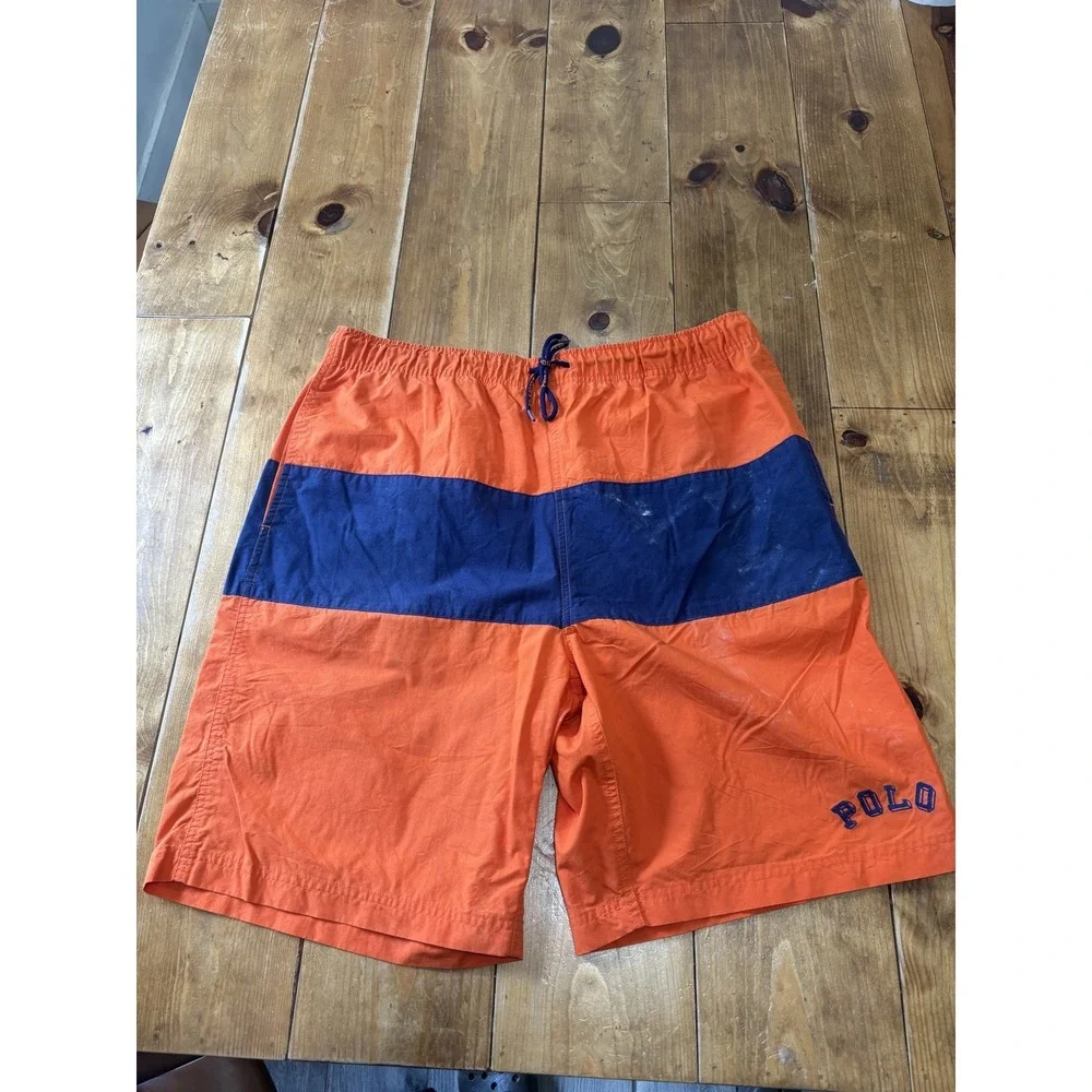Polo Sport Ralph Lauren Men's Swim Trunks Size L Orange Navy Blue Striped Mesh